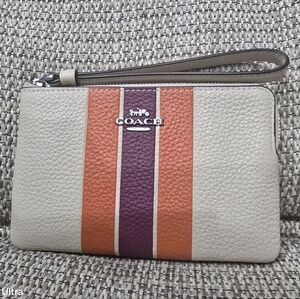 New Coach Cream Wristlet with Orange and Purple Stripes MSRP $88